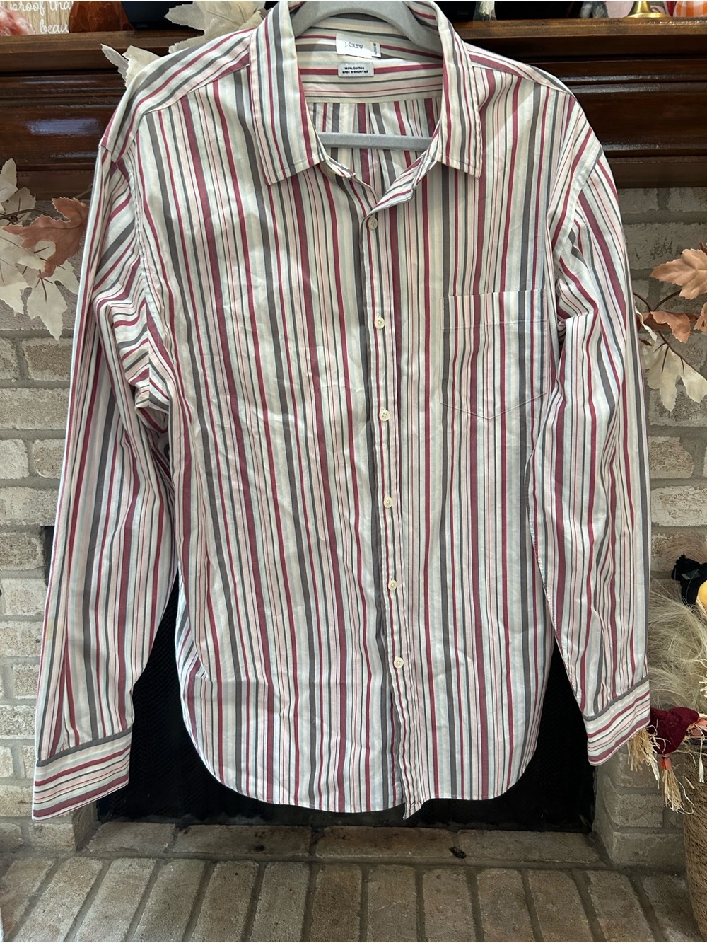 J. Crew White Button-Up Shirt with Red and Gray Stripes EUC